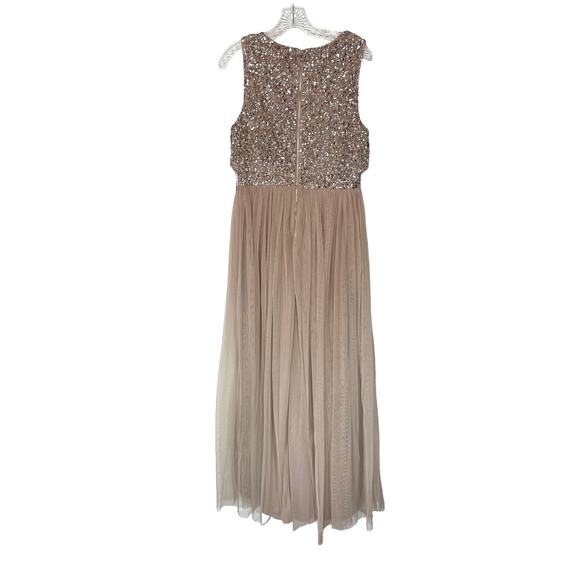 NWT Maya Deluxe Taupe Sequin Sleeveless Pop Over Tulle Maxi Dress Size 8 - Picture 11 of 14